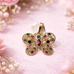 Gold Butterfly Pendant Necklace with Pink and Blue Gemstones